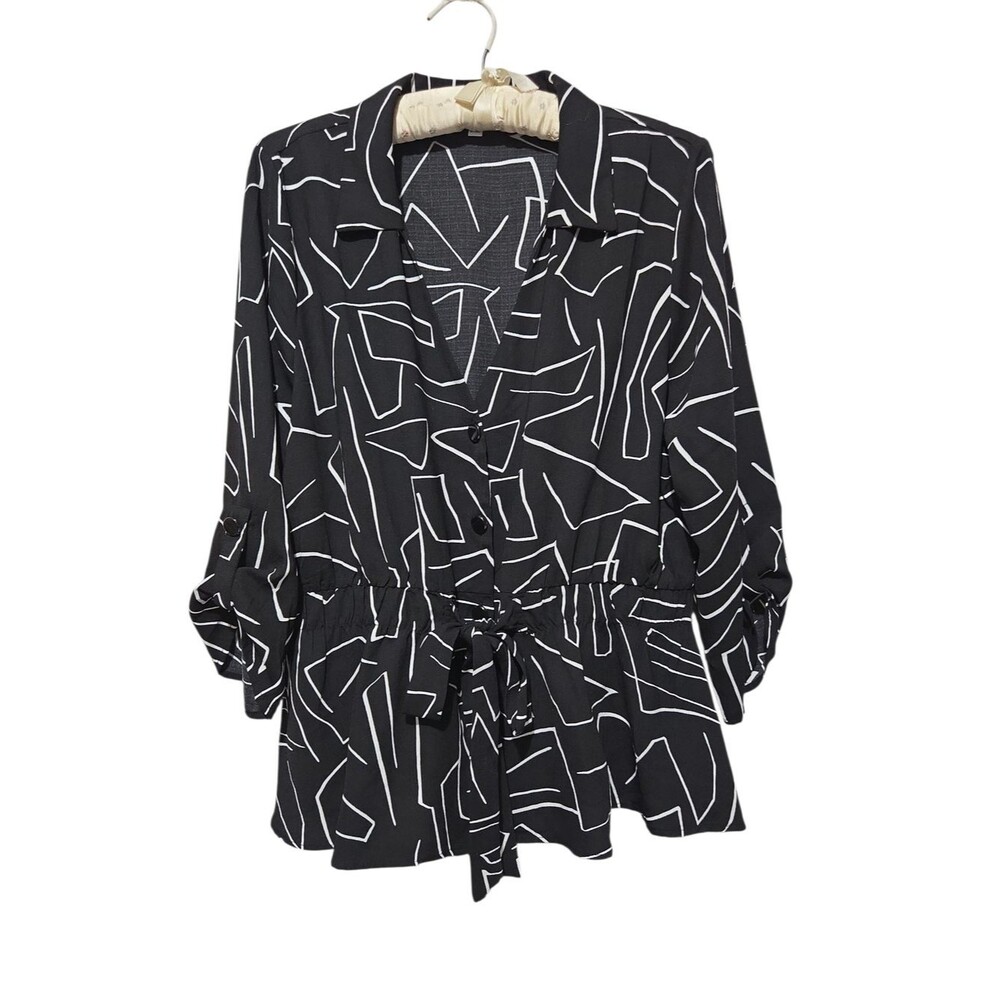 Sweet Rain Abstract Geometric Line Peplum Blouse Black White Monochrome XL